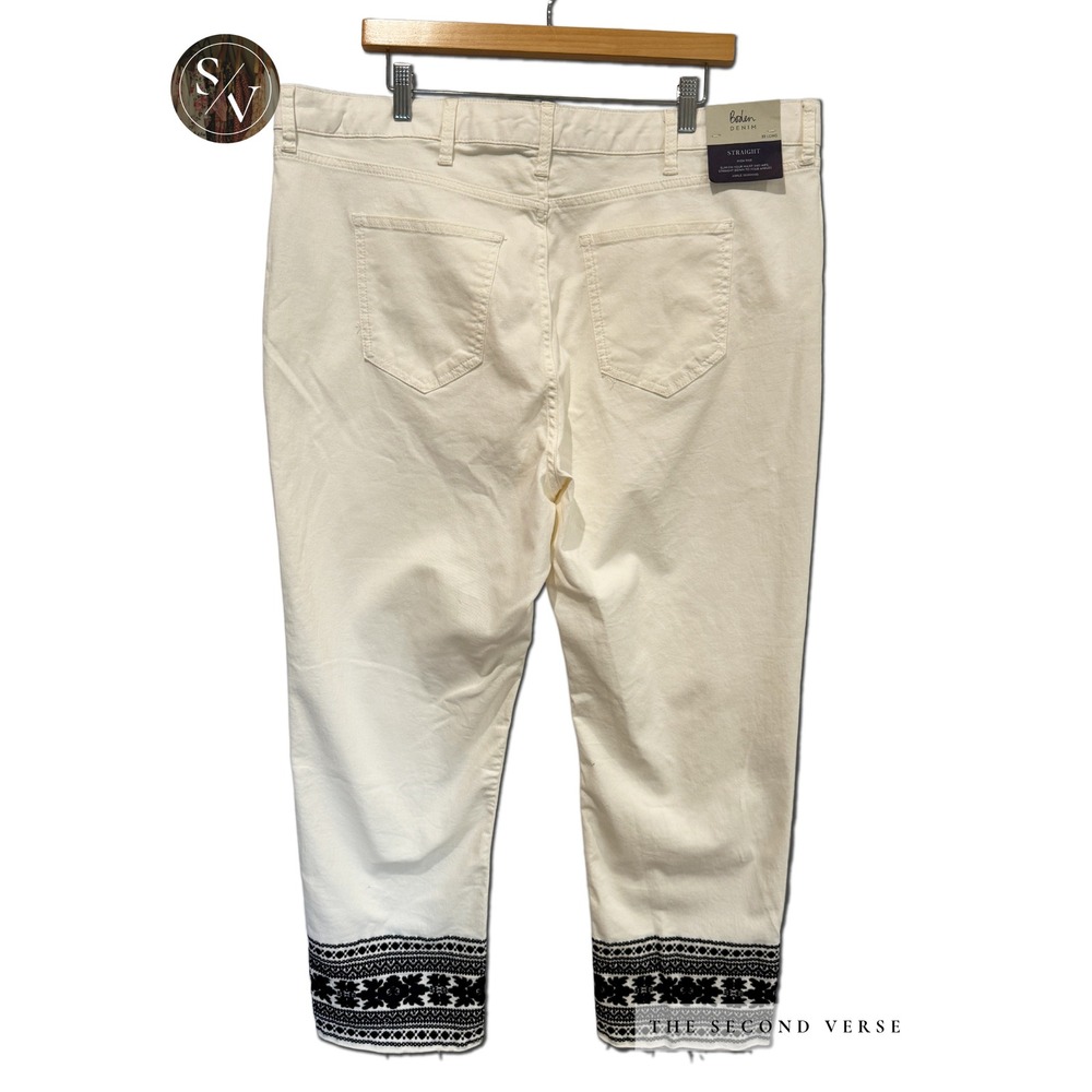 Boden Denim Straight Leg Pants Women Boho Embroidered Raw Hem Cream Size 22 Long - Picture 3 of 13